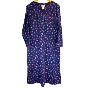 Amanda Stewart Intimates Nightgown XL Navy Blue Red Rose Floral Cotton Blend L/S